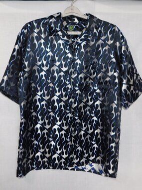 VTG R2 Randy River Men XL Black Silver Blue Flames Short Sleeve Button Shirt Y2K